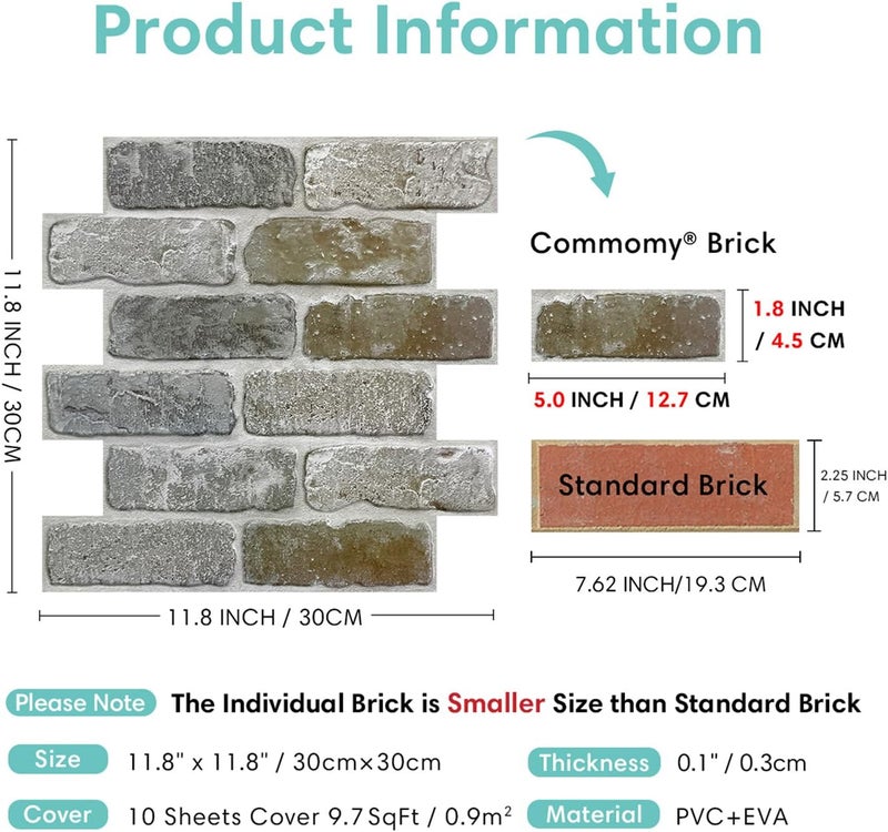 Commomy 10 Pcs 3D Faux Brick Peel and Stick -11.8"X11.8" Small Size Thin PVC Brick Wall Panels Farmhouse DIY Self-Adhesive Wallpaper Tile for Kitchen Backsplash, Living Room, RV - Image 5